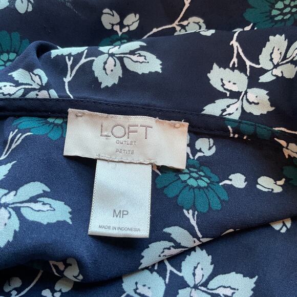 Loft Navy Floral Ruffle Panels on Neck Collar & Cuffs Blouse Petite M - Picture 5 of 7